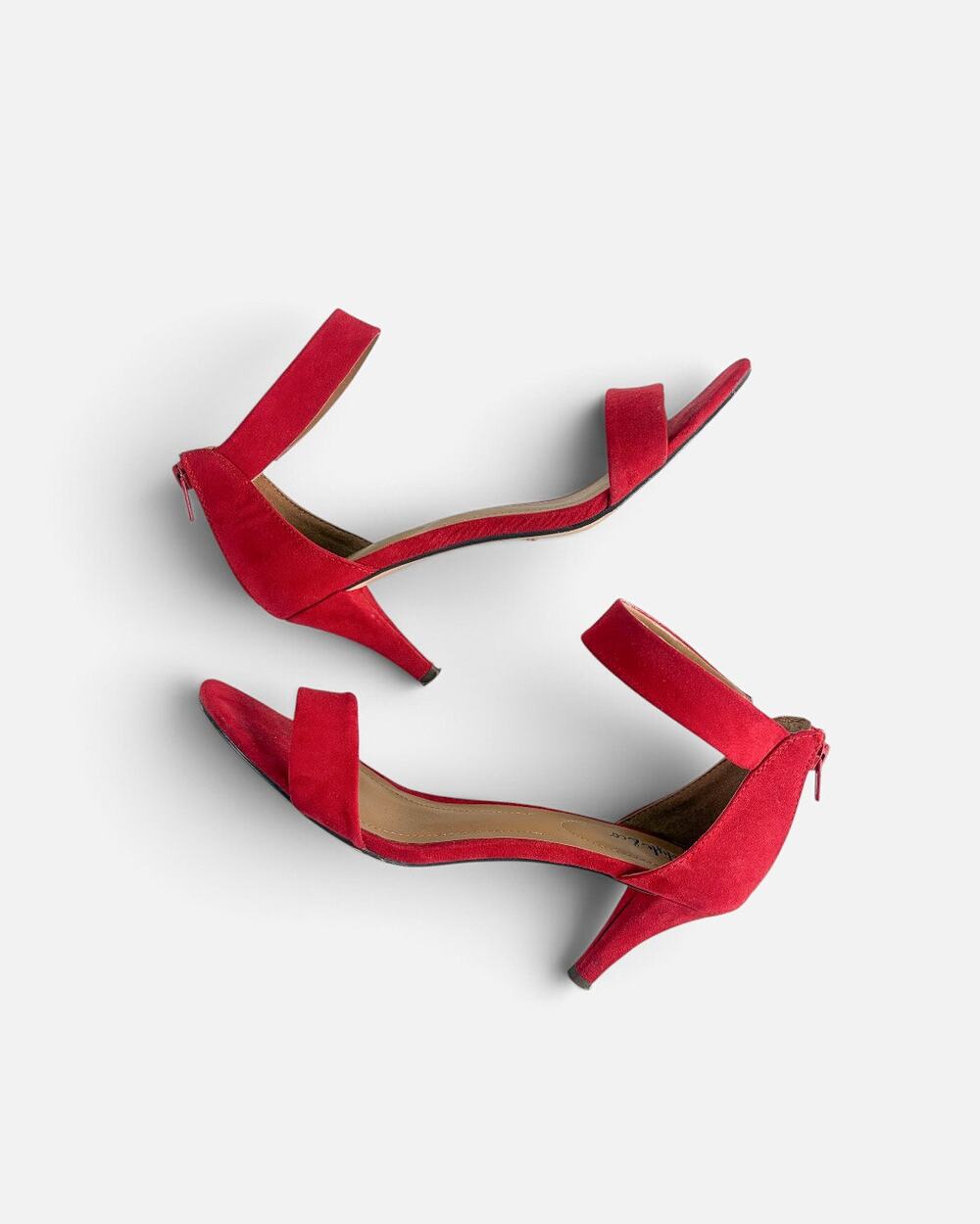 Style & Co Red Microsuede Low Open Toe Kitten Heels Back Zip Sz 8.5 Ankle Strap